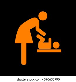 Symbol for women and baby, baby changing. Orange icon on black background.