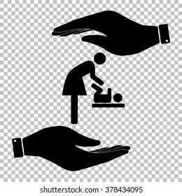 Symbol for women and baby, baby changing.  Save or protect symbol by hands.