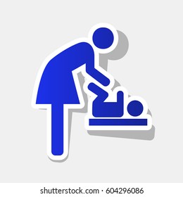 Symbol for women and baby, baby changing. Vector. New year bluish icon with outside stroke and gray shadow on light gray background.