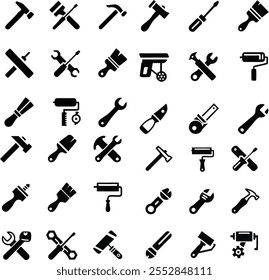 symbol, work, design, isolated, tool, icon, vector, silhouette, white, background, equipment, illustration, graphic, flat, collection, construction, repair, black, sign, object, element, metal