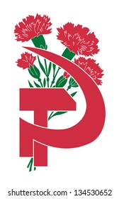 symbol -workers of the world unite -sickle and hammer with red carnations