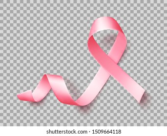 Symbol of world breast cancer awareness month in october . Realistic pink silk ribbon over transparent background.Vector illustration.