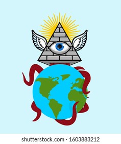 Symbol Of World Government. Pyramid With An Eye. All-seeing Eye.  Illuminati Conspiracy Theory. Sacred Sign