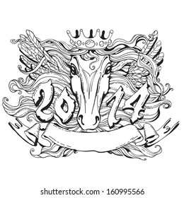 Symbol of the year 2014 - isolated head horse in tattoo style on white background