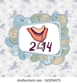 Symbol of the year 2014 on ornamental frame on winter background with doodle horses