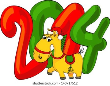 Symbol of year 2014 - small horse in red hat of Santa on isolated white background. Illustration, vector.