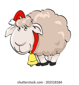 Symbol of year 2015. Lovely lamb in Santa's cap with bell on the isolated white background. Illustration, vector