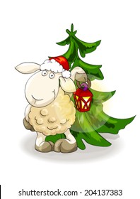 Symbol of year 2015. Lovely lamb in Santa's cap with lantern near Christmas tree on isolated white background. Illustration, vector