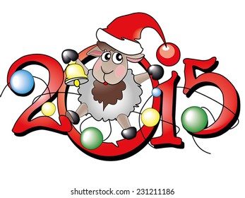 Symbol of year 2015. Lovely lamb in Santa's 
