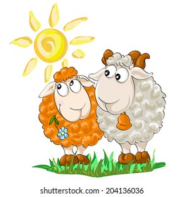 Symbol of year 2015. Two funny sheep on the isolated white background. Illustration, vector