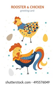 Symbol of the year 2017 on the Chinese calendar. Rooster, chicken and eggs. Can be used as illustration for greeting card, invitation, flyer. 