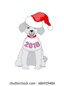 Symbol year 2018 funny cartoon puppy poodle with number 2018 and santa hat. Isolated on the white background. eps 10