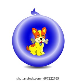 Symbol of the year 2018 yellow dog in a New Year's ball, cartoon on a white background.vector