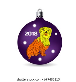 Symbol of the year 2018, yellow dog sits in a Christmas ball, cartoon on a white background.vector