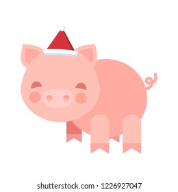 Symbol of the year 2019. Vector illustration. Little cute pig with pink cheeks isolated on white background.