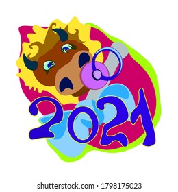 Symbol of the year 2021. Bull in a child's envelope with a blue bow. The bull has a pink baby pacifier in its mouth. Caption 2021. Can be used as a sticker, applique for baby clothes, mug or phone cas