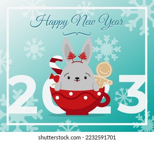 The symbol of the year 2023. Vector hare in a red cup. New Year cute bunny.