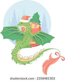 Symbol year 2024. Green dragon in Santa Claus hat with bag of gifts and Christmas tree on background of Christmas trees. Vector illustration for children, flat cartoon style with outline