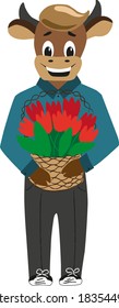 
Symbol of the year bull with a basket of tulips. Congratulations on the holiday.