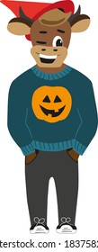 
The symbol of the year of the bull celebrates halloween. Pumpkin, hat. Calendar element, October. Clipart.