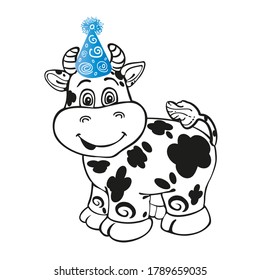 The symbol of the year is a bull in the vector. A festive black and white little calf with a cap is smiling. Isolated white background, for calendar, postcards, print for packages