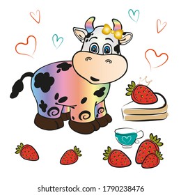 The symbol of the year is a bull in the vector. Festive color print in rainbow color with black spots of a small calf with a piece of cake, strawberries, a bow and hearts . Isolated white background