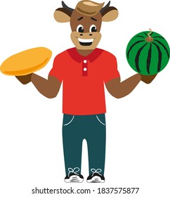Symbol of the year bull with watermelon and melon. August. Clipart. Element for the calendar.