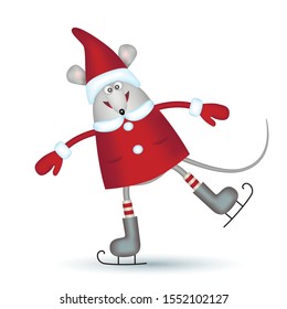 Symbol of the year. Cartoon gray mouse. Girl in a red coat, hat, socks and mittens on skates. Christmas card on a white background. Winter active games on the street. greeting card