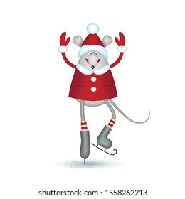 Symbol of the year. Cartoon gray mouse. Girl in a red coat, hat, socks and mittens on skates. Christmas card on a white background. Winter active games on the street. greeting card