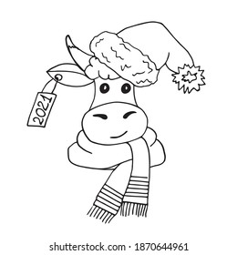 Symbol of the year. Cute bull in a Christmas hat. Contour drawing.