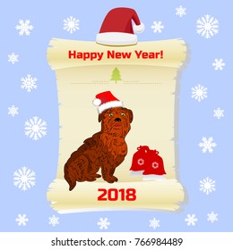 Symbol of the year, dog in santa claus cap and gifts, on parchment paper (greeting card) cartoon on blue background with snowflakes, vector