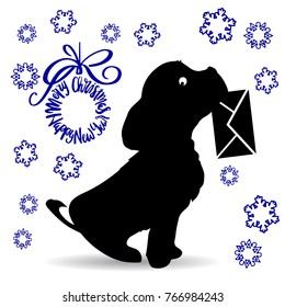 Symbol of the year, dog silhouette holding an envelope in the teeth, cartoon on a white background, vector