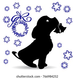 Symbol of the year, dog silhouette, holding a bell in the teeth, cartoon on a white background, vector