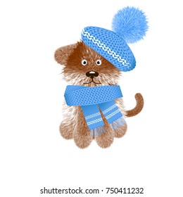 symbol of the year of the dog in a winter hat and in a scarf