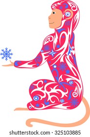 Symbol of year, a monkey with a snowflake, a macaque an illustration, the animal with a pattern from snowflakes, New Year's an animal, holds a paw, a monkey a vector, a creature with design, 