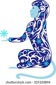 Symbol of year, a monkey with a snowflake, a macaque an illustration, the animal with a pattern from snowflakes, New Year's an animal, holds a paw, a monkey a vector, a creature with design, 