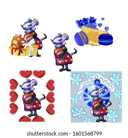 symbol of the year, mouse with presents and hearts, cakes