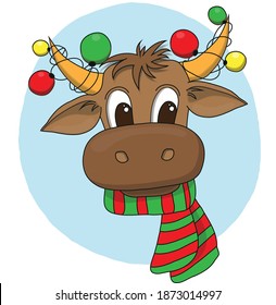 
the symbol of the year is a New Year's bull in a warm striped scarf with a multicolored garland on the horns
