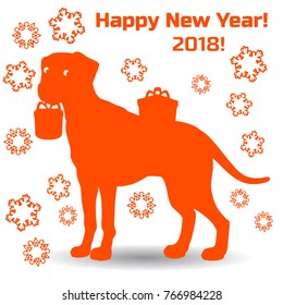 Symbol of the year, orange dog holding a gift in the teeth, cartoon on a white background, vector