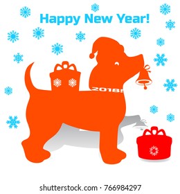 Symbol of the year, orange dog in santa claus hat holding a bell in his mouth, cartoon on white background, vector