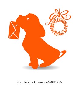 Symbol of the year, orange dog silhouette holding an envelope in the teeth, cartoon on a white background, vector