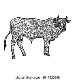 Symbol of the Year of the Ox on the eastern calendar, new year, anti-stress coloring page with animal and ornate zen patterns, vector outline illustration for creativity