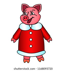 Symbol of the year Pig in new year's red fur coat smiling isolated on white background. Vector illustration.