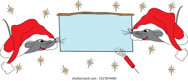 Symbol of the year of the rat, hand-drawn. Frame, copy space. Vectron illustration, festive design. Suitable for cards, banners, congratulations, invitations.
