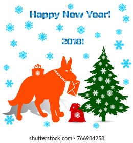 Symbol of the year, silhouette orange dog (german shepherd) holding an envelope in the teeth, cartoon on a white background where there is a Christmas tree and gifts, vector