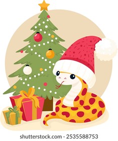 The symbol of the year is the snake 2025. A snake under the Christmas tree with gifts. New Year card. Vector illustration, flat design.