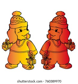 Symbol of the year, two silhouettes of a yellow and orange dog, in a hat in a suit with gifts, on a white background, vector