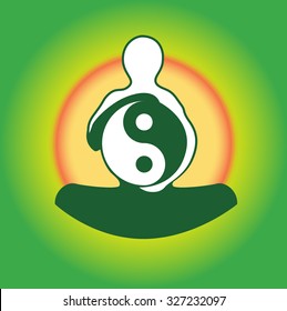 Symbol Yin Yan in hands of the person against a sunset.Vector illustration