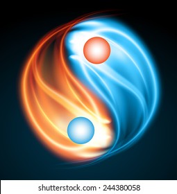 Symbol of yin and yang of the black background in the form of red and blue fire
