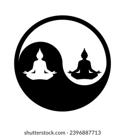 Symbol of yin and yang with an illustrator of Buddha in black and white;